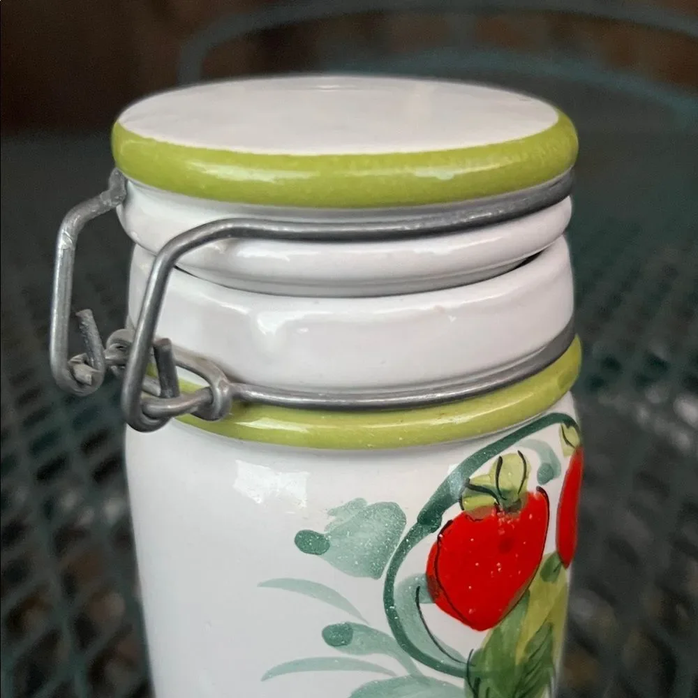 Vintage Italian Red and Green Strawberry Hinged Ceramic Jar Canister with Lid